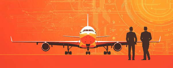 Futuristic Businessmen Standing in Front of an Airplane. Two silhouetted businessmen stand in front of a large airplane, set against a dynamic orange background with technical illustrations.
