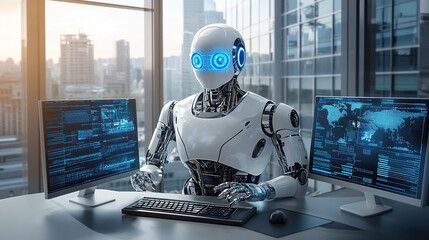 A white humanoid robot with glowing blue eyes sits at an office desk