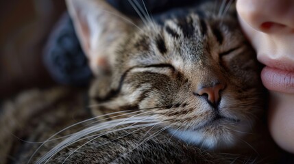 Sticker - Close Up of a Sleeping Cat Snuggling with a Human Hand