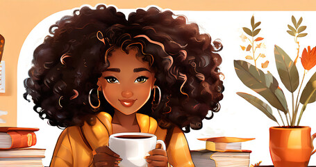 A young black woman with curly hair is holding a coffee cup in a yellow jacket