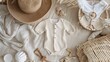 © Sinechana - 4. Baby romper mockup in an apparel flatlay setup, laid on a soft fabric background, enhanced with baby accessories such as a rattle, headband, and tiny mittens, with careful attention to lighting