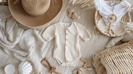 Wall Mural - 4. Baby romper mockup in an apparel flatlay setup, laid on a soft fabric background, enhanced with baby accessories such as a rattle, headband, and tiny mittens, with careful attention to lighting