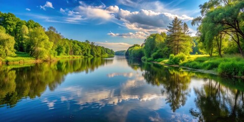 Wall Mural - A serene panoramic view of a calm river flowing through a forested landscape , river, nature, landscape, water, trees