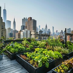 2. Rooftop garden with lush green vegetable plants, raised planter boxes, city skyline backdrop, diverse crops, sustainable agriculture, leafy greens, modern buildings, sunny day, clear sky, aerial