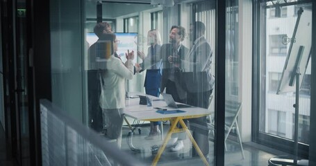 Poster - Company Representatives Negotiating a Business Merger. Corporate Managers Seal a Successful Partnership, Celebrate with a Handshake Between Two Executives. Happy Assistants Stand Up and Applaud