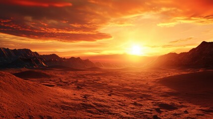 Sunset Over Martian Landscape with Rugged Terrain and Red-Hued Sky