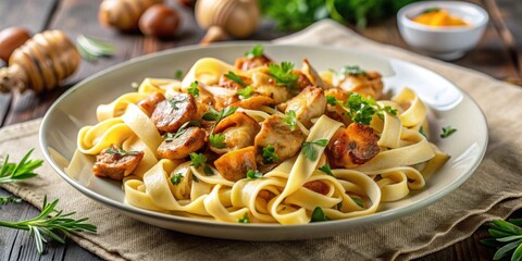 Delicious tagliatelle pasta dish with grilled chicken and fresh chanterelles mushrooms , tagliatelle, pasta, chicken