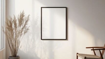 A single minimalist photo frame hanging on a blank white wall, with clean lines and simple elegance.