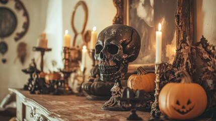 Spooky and atmospheric Halloween scene featuring a weathered skull on a stand, surrounded by flickering candles, pumpkins, and antique decor.