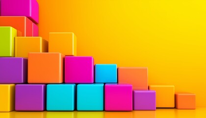 Poster - A colorful stack of blocks with a yellow background. The blocks are arranged in a way that creates a sense of depth and dimension. The colors of the blocks are vibrant and eye-catching