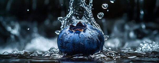 Fresh blueberry splashing in water with vibrant droplets