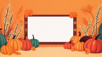 Canvas Print - Autumnal Harvest Frame with Pumpkins and Wheat.