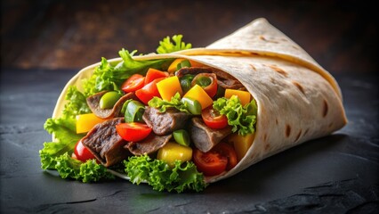 Wall Mural - Beef burrito wrapped in a tortilla with vegetables on a black background, beef, burrito, wrap, tortilla, mexican, food, meal