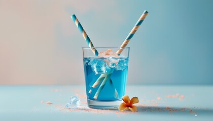 An art cup with clear blue drinks and creative straws, with two straws intertwined on it and an elegant background.