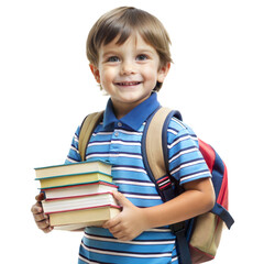 Young preschool student carrying backpack and books near school on white  background