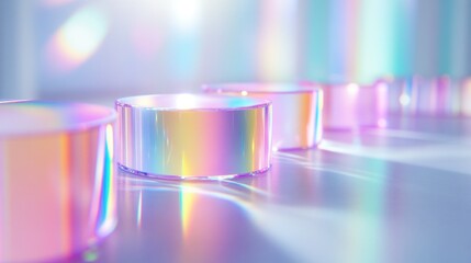 Wall Mural - Transparent glowing rainbow round acrylic or glass platforms, podium symbol of research, trials and errors and succeeding in the long term. Beautiful for science and projects.