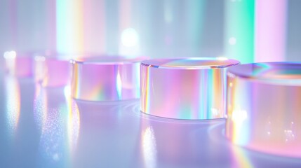 Wall Mural - Transparent glowing rainbow small acrylic or glass platform, podium symbol of research, trials and errors and succeeding in the long term. Beautiful for science and projects.