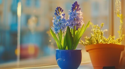 Wall Mural - Blooming hyacinth flower in vase by window - vibrant and natural home decor