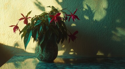 Wall Mural - Vibrant Fuchsia Flower in Vase on Marble Countertop - Medium Shot Nature Photography