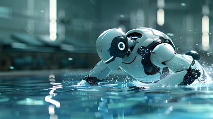 Robot Swimmer Diving into Pool: A streamlined robot diving into a pool, creating minimal splash as it enters the water.
