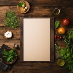 A blank paper framed by herbs, spices, and vegetables on a wooden table, perfect for displaying recipes, menus, or other culinary information.