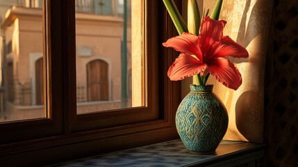 Wall Mural - Vibrant Begonia Flower in Vase on Windowsill - Mesmerizing Home Decor Beauty