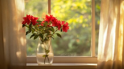 Wall Mural - Vibrant Azale Flower in Vase: Medium Shot by Sunlit Window