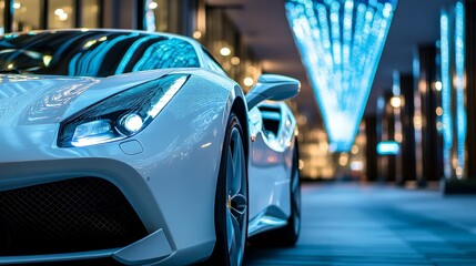 White Sports Car in City at Night.