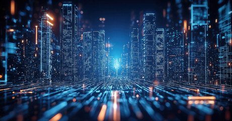 Aufkleber - Futuristic cityscape with data flowing through digital buildings, embodying the idea of a smart city. High quality photo