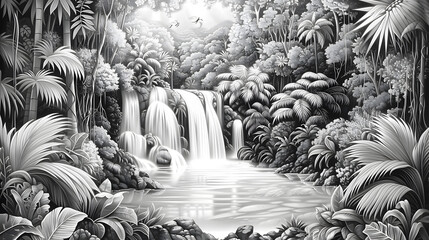 Wall Mural - A pencil drawing of a tropical rainforest, with dense foliage, a waterfall cascading into a pool, and the exotic wildlife that inhabits this lush and vibrant ecosystem.