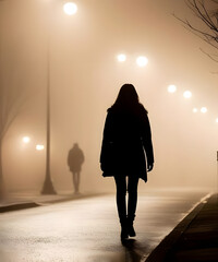 silhouette of a woman walking alone on a foggy street at night and a shadowy figure in the background, danger, harrasment, safety, stalker, streetlamps