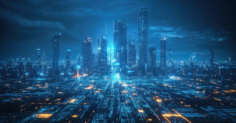 Aufkleber - Futuristic cityscape showing modern buildings with glowing lights at night, concept of digital transformation. High quality photo