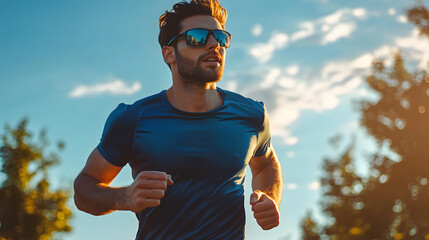 A man running in the sun with a blue shirt and sunglasses