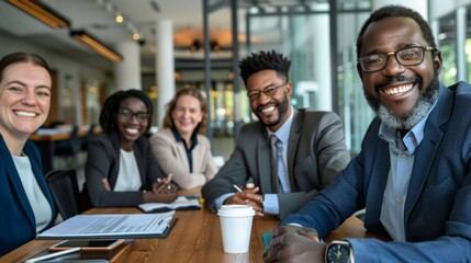 Poster - A group of five diverse businesspeople are happily engaged in a meeting, showcasing collaboration and teamwork in a contemporary office environment