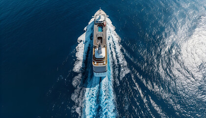 Wall Mural - Aerial view of a large cruise ship traveling with speed and little waves over blue ocean