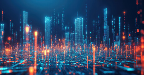 Aufkleber - City of the future, skyscrapers rising from a digital grid, concept of smart cities and technological advancement. High quality photo