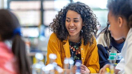 Poster - A young biracial teacher interacts with students in an energetic classroom setting. She encourages discussion and collaboration among the children, creating an engaging learning atmosphere