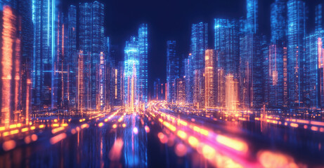 Aufkleber - Futuristic cityscape is glowing at night with blurred traffic in the foreground, creating a sense of speed and technological advancement. High quality photo