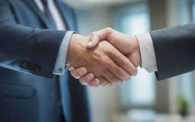 Business partners shaking hands in office setting, one in dark s