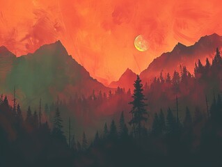 Canvas Print - Silhouetted Mountains and Forest Under a Red Sky