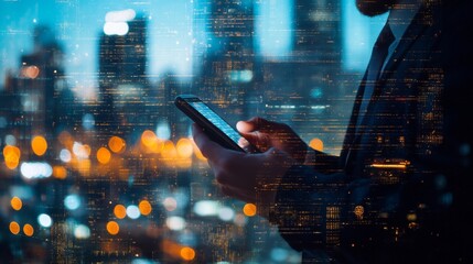 Aufkleber - Double exposure of businessman using smart phone at office with city night background, network connection concept