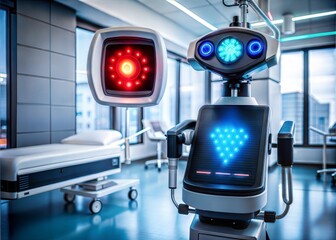Medical Marvel: A futuristic medical robot stands ready in a sterile hospital room, its glowing lights hinting at advanced diagnostic capabilities. 