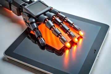 Poster - Robotic Hand on Tablet: A futuristic robotic hand with glowing red lights hovers over a sleek black tablet, suggesting the seamless integration of technology and automation.  
