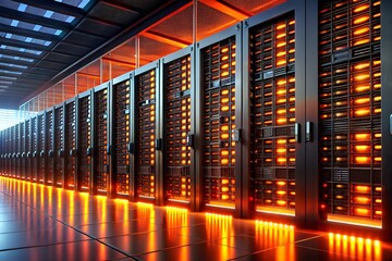 Poster - The Pulse of the Digital Age: Server farm glowing in an immersive technological spectacle. 