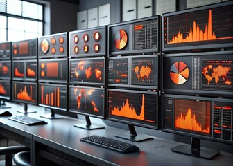 Poster - Data Driven Decisions: A panoramic view of a modern office workspace, showcasing multiple computer monitors displaying a vibrant tapestry of data visualizations - bar graphs, pie charts, world maps, a