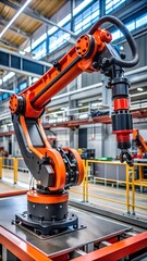 Poster - Industrial Precision: A lone orange robotic arm poised for action in a modern factory setting, embodying the future of manufacturing and automation. 