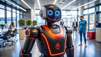 Poster - The Future is Here: A humanoid robot stands tall in a modern office setting, its advanced design and intelligent eyes hinting at the transformative power of AI.  