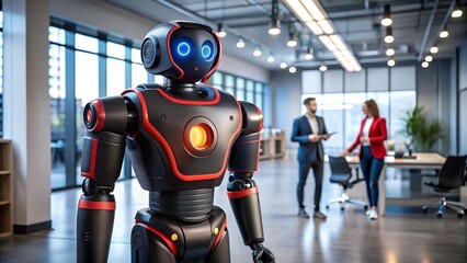 Poster - The Future is Here: A humanoid robot stands tall in a modern office setting, its advanced design and intelligent eyes hinting at the transformative power of AI.  