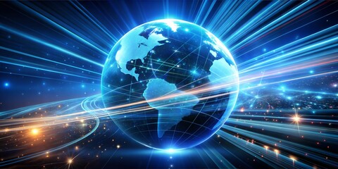 Poster - Global Connectivity: A futuristic depiction of the Earth, illuminated by radiant streaks of light symbolizing the interconnectedness of our planet in a digital age. The image conveys a sense of global