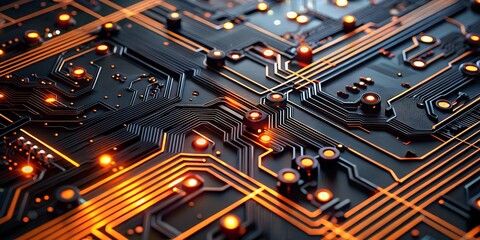 Poster - Circuitry Symphony: A close-up shot of a complex circuit board, its intricate copper tracks and glowing LEDs create a mesmerizing pattern, symbolizing the interconnectedness of technology and the flow
